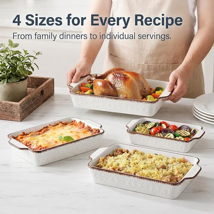 ONEMORE Casserole Dishes for Oven, Ceramic Baking Dish Set of 4, Non-Stick Lasagna Pans with Handles, Rectangular Bakeware Set for Cake, Roasting, Broiling, Gratin, Banquet, Microwave & Dishwasher Safe(3.8/2.6/1.7/1.1 Qt) (White 01)