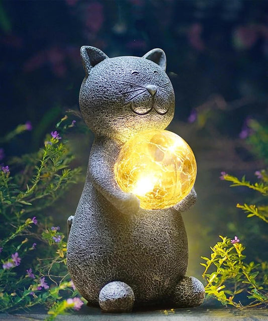 Solar Cat Statue Garden Decor - Cat Lover Gifts, with Gazing Solar LED Lights Ball Cats Decoration for Garden Yard Patio Lawn Balcony - Gifts for Mom Grandma (Gray)