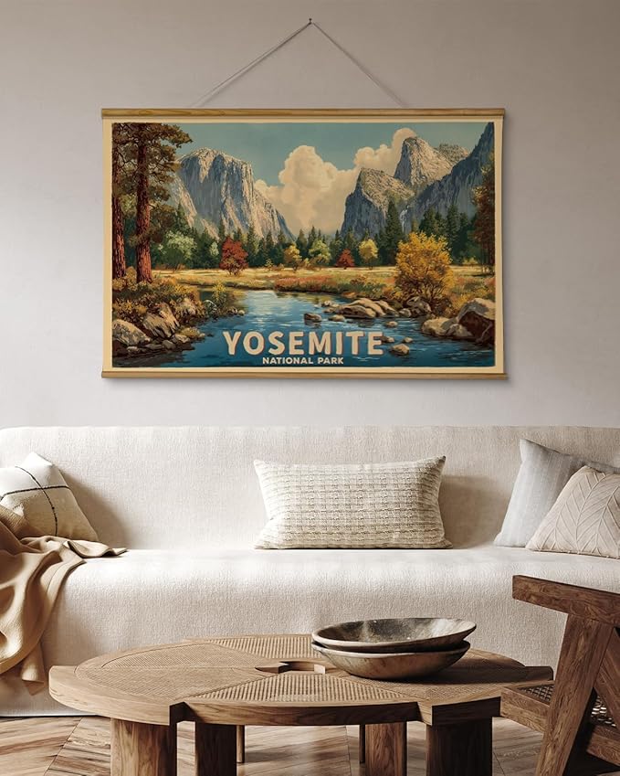 VIYYIEA Extra Large Size Canvas Wall Art, 36x54 Inch Yosemite National Park Vintage Landscape Hanging Scroll for Living Room, Bedroom, or Office Decor