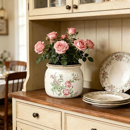 Flower Pots Planters for Indoor Plants Ceramic Plant Pots with Drainage 6.1 Inch Vintage Ceramic Pots for Plants Outdoor Home Garden Decor, Vintage Pink Rose