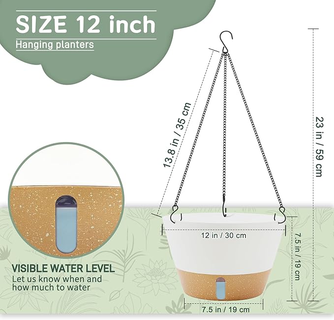 ZMTECH 12 Inch Hanging Planters for Indoor Plants, 3 Pack Self Watering Hanging Planter with Visual Reservoir, Hanging Pots for Plants Outdoor with Drainage Hole and Plant Hanger(3 Pack, White)