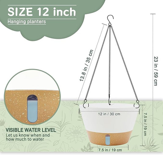ZMTECH 12 Inch Hanging Planters for Indoor Plants, 3 Pack Self Watering Hanging Planter with Visual Reservoir, Hanging Pots for Plants Outdoor with Drainage Hole and Plant Hanger(3 Pack, White)