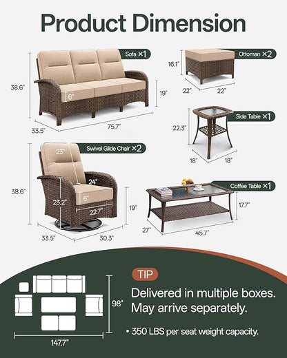7-Piece Patio Furniture Set with 6-Inch Thick Cushions, High Back Outdoor Couch and Swivel Rocker Chairs, All-Weather Conversation Set for Porch, Deck, Yard, Pool in Beige