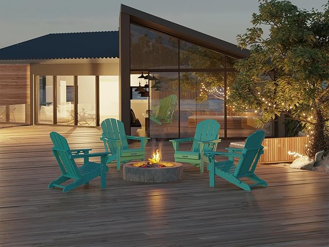 MUCHENGHY Folding Adirondack Chairs 4 Pack, Patio Chairs, Outdoor Chairs, Adirondack Chair Plastic, Fire Pit Chairs, Weather Resistant with Cup Holder for Deck, Backyard, Garden(Lake Blue)