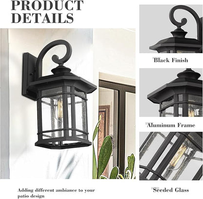Emliviar Outdoor Wall Lights for House, 1-Light Exterior Wall Sconce Black Finish with Clear Seeded Glass, 17" Height, 22021M