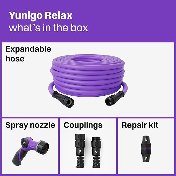 RELAX 100ft Expandable Purple Garden Hose – Lightweight No-Kink Design with Durable Aluminum Couplings, Spray Nozzle & Hose Mender for Home & Garden Watering