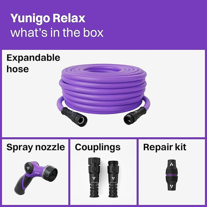 RELAX 100ft Expandable Purple Garden Hose – Lightweight No-Kink Design with Durable Aluminum Couplings, Spray Nozzle & Hose Mender for Home & Garden Watering