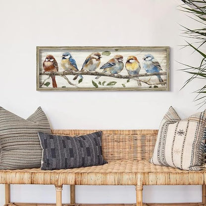 Colorful Bird Wooden Wall Art: Rustic Chickadee Framed Painting Vintage Cute Sparrow Picture Bluebird on Branch Prints Countryside Artwork Decor for Living Room Bedroom Farmhouse