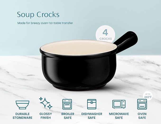 KooK French Onion Soup Bowls, French Onion Soup Crocks, Soup Bowl with Handles, 15 oz, Set of 4, Ceramic Bowls, Microwave, Dishwasher Safe & Oven safe, Stoneware,(Black)