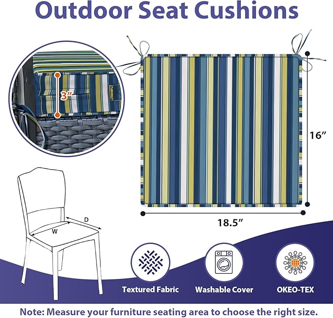 Outdoor Chair Cushions Set of 4,Waterproof Outdoor Seat Cushions for Patio Furniture,Patio Chair Cushion with Handle and Ties, Out Door Chair Pads,18.5" x 16" x 3", Blue Stripe