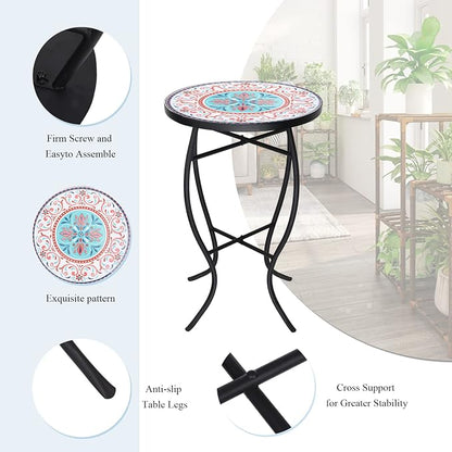 VCUTEKA Patio Side Table, Mosaic Outdoor Side Table 14" Round Small Accent Table Indoor End Table for Yard, Garden, Living Room, Bistro Balcony or Lawn