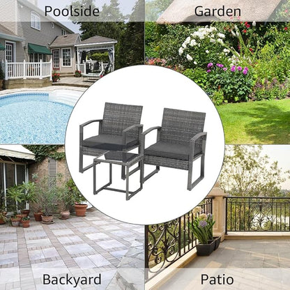 Patiorama 3 Piece Outdoor Patio Furniture Conversation Set, Rattan Chair Set With Coffee Table, For Garden, Balcony, Backyard, Poolside (Dark Grey)