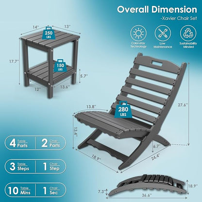 GREENVINES 3 Pieces Patio Furniture Set | Outdoor Bistro Sets for 2 | HDPE Plastic | Folding-Adirondack-Chairs-with-Side-Table | All Weather | Xavier Chair | for Porch Deck Poolside Backyard | Gray