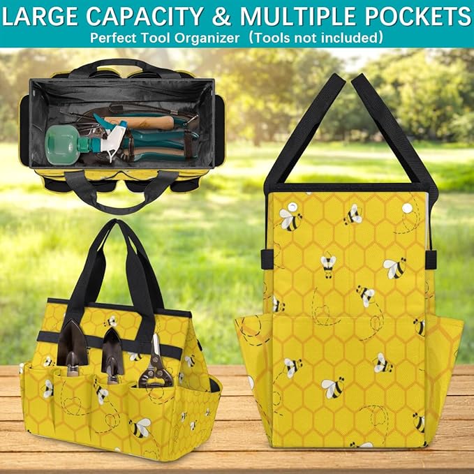 Yellow Bee Beehive Garden Tool Bag with 10 Pockets Easy Access Garden Tote Storage Bag Wear-Resistant & Reusable with 2 Handles Gardening Gifts 13" X 2.8" X 6.8"