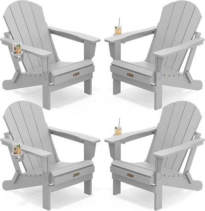 SERWALL Folding Adirondack Chair Set of 4, Weather Resistant HIPS Patio Chairs with Cup Holder for Garden Outdoors Fire Pit- Spanish Gray