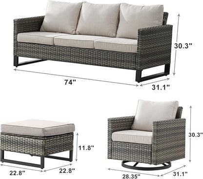 Rilyson Wicker Outdoor Patio Furniture Set - 5 Piece Patio Conversation Set with 2 Swivel Rocker Chairs,2 Rattan Ottoman and 1 Couch for Outside Porch Deck Backyard Garden(Mixed Grey/Beige)