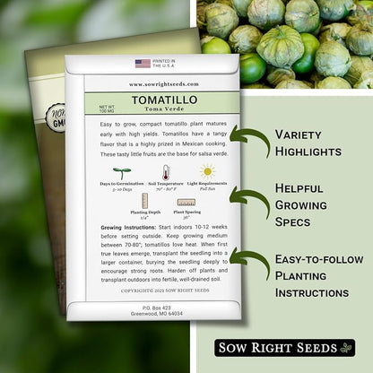 Sow Right Seeds - Toma Verde Tomatillo Seeds for Planting - Non-GMO Heirloom Packet with Instructions to Plant a Home Vegetable Garden - Mexican Husk Tomato - Ground Cherries Great for Salsa (1)