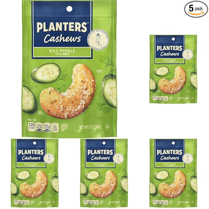PLANTERS Cashews Dill Pickle - Trail Mix Snack Packs - Snacks with Dill Pickle, Snack Pack, Party Trail Mix, 5 Oz Bag, (Pack of 5)