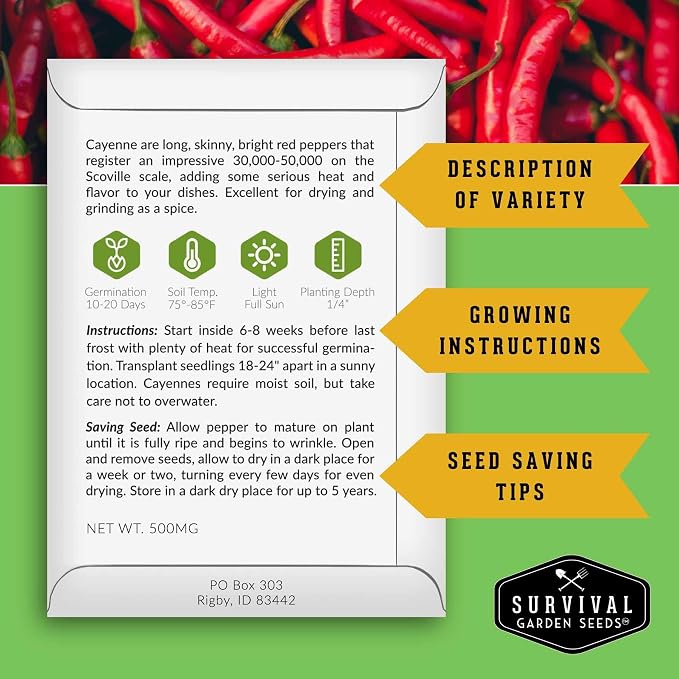 8 Pepper Seed Collection | Heirloom Varieties – Marconi, Chocolate Beauty, Cayenne & More | Non-GMO Seeds for Planting | Survival Garden Seeds