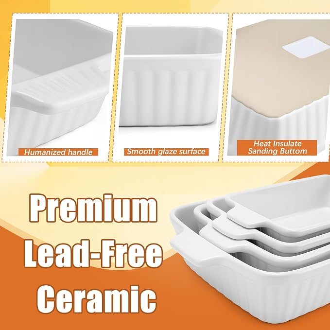 Casserole Dishes for Oven, Baking Dish for Oven, Ceramic Baking Dishes Set for 4, Rectangular Baking Pan with Handle for Baking, Cooking-Oven Safe, White (9.5"/11.2"/12.2"/14.5")