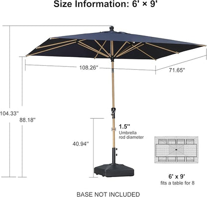 PURPLE LEAF 6' x 9' Market Umbrella Outdoor Table Umbrella Aluminum Patio Umbrella with Push Button Tilt & 8 Sturdy Ribs and Crank Rectangular Sun Umbrella for Pool Backyard Beach, Navy Blue