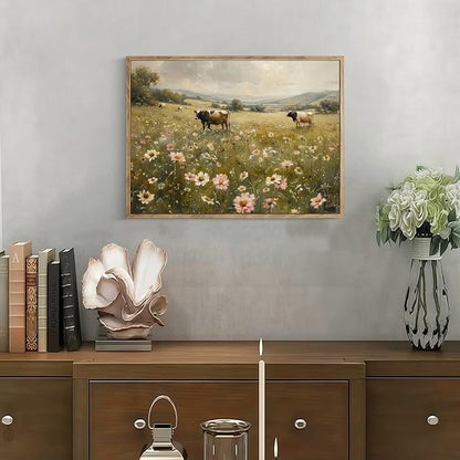 Vintage Canvas Wall Art Cow and Flowers Wall Decor Landscape Countryside Wildflowers Oil Painting Farmhouse Picture Modern Print Rustic Floral Prints for Living Room Bedroom Bathroom 12x16 Inch Framed