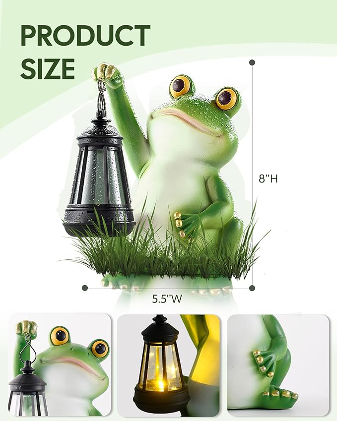 Solar Frog Garden Statue Light, Outdoor Waterproof Decorative Lantern Figurine, Cute Yard Art for Garden Patio Pond Balcony Porch Decor, Housewarming & Gardening Gifts for Women Grandma Mom