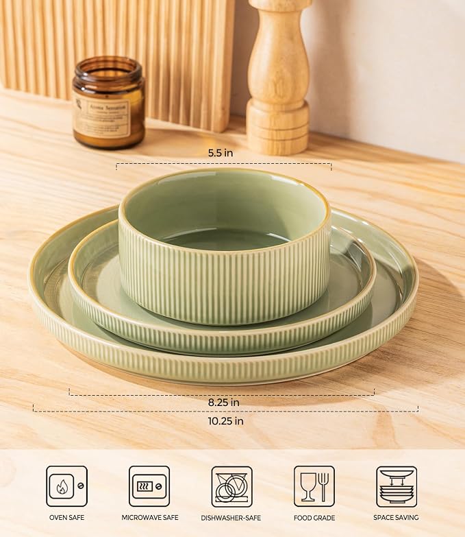TheTerra Ceramic Dinnerware Sets for 4, 12 Pieces Porcelain Lightweight Plates and Bowls Sets, Scratch Resistant Dish Set, Oven & Microwave & Dishwasher Safe, Duck Egg Green