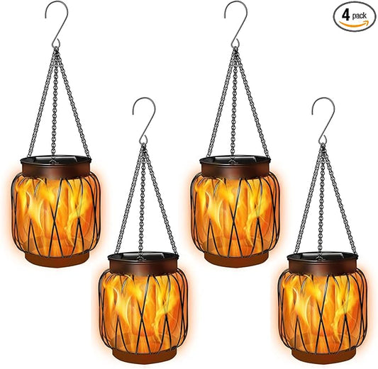 Solar Hanging Lantern Lights Outdoor Waterproof, 4 Pack Solar Flame Lantern with Hook, Metal Hanging Lanterns for Outside, Led Porch Lanterns for Patio Tree Camping Garden Decorative Lights