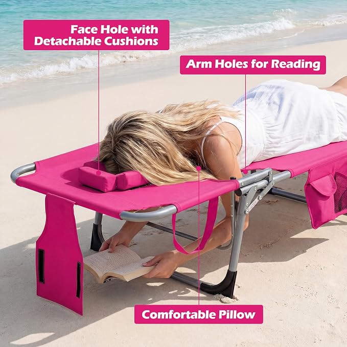 GYMAX Tanning Chair with Face Hole, Sun Bathing Lounge Chairs for Outside with Side Pocket, Folding Portable Face Down Layout Tanning Chair Beach, Backyard, Poolside, Lawn (Pink,1)
