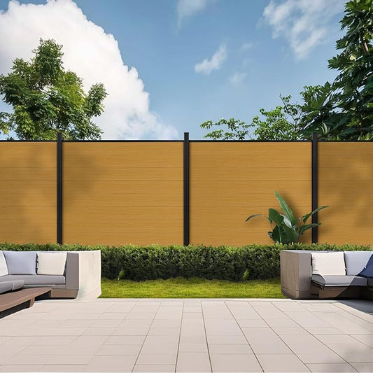 Mondaria Privacy Fence for Outside, 6Ft(W) Outdoor Privacy Panels with 7.6Ft In-ground Post, Wood Plastic Composite Fencing for Patio, Backyard, Garden and Swimming Pool (Yellow Teak with 1 Post)