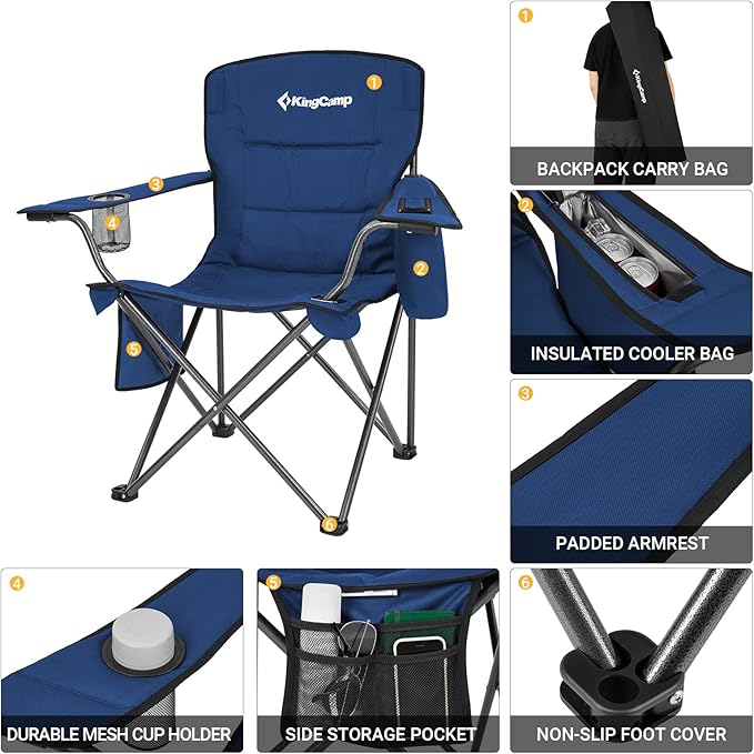 KingCamp Oversized Heavy Duty Camping Chairs 2 Pack, Padded Compact Folding Portable Chair with Cooler Cup Holder Side Pocket for Outdoor Sports Lawn Backyard Backpack Supports 300 lbs, Blue
