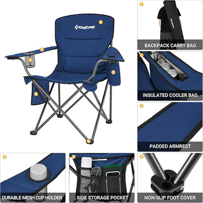 KingCamp Oversized Heavy Duty Camping Chairs 2 Pack, Padded Compact Folding Portable Chair with Cooler Cup Holder Side Pocket for Outdoor Sports Lawn Backyard Backpack Supports 300 lbs, Blue