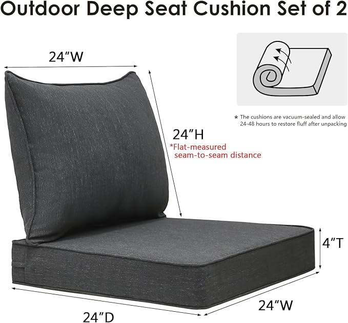 Outdoor Patio Chair Cushions Set, 24" x 24", Set of 2, Water-Repellent, Fade Resistant, Deep Seat Bottom and Back Cushion for Backyard, Couch, Sofa and Patio Furniture, Charcoal