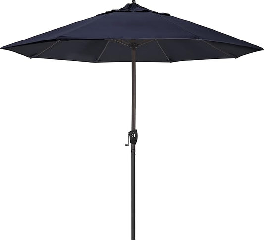 California Umbrella 9' Round Aluminum Outdoor Deck, Pool or Patio Umbrella, Crank Lift, Auto Tilt, Bronze Pole, Navy Blue Olefin