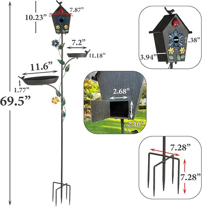 Metal Bird Bath Feeder and Bird House on Pole, 69.5" H Free Standing Bird Houses, Tall Cast Iron Bird Baths with 5-Prong Stake, Stylish Birdhouse with Birdbath Bowl for Outdoors Garden Yard Decor