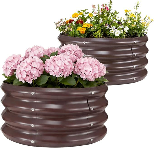 GOOZOO 2PC Galvanized Planter Raised Garden Beds, 2x2x1ft Raised Garden Bed Kit for Gardening Outdoor, Round Metal Land Planter Box for Vegetables, Fruits, Flowers（Brown）
