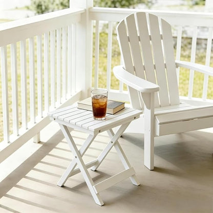 Outdoor Small Table Square Folding Wooden Patio Side Table Set of 2 Furniture Table for Adirondack Chair, Balcony, Porch, No Assembly Required, White