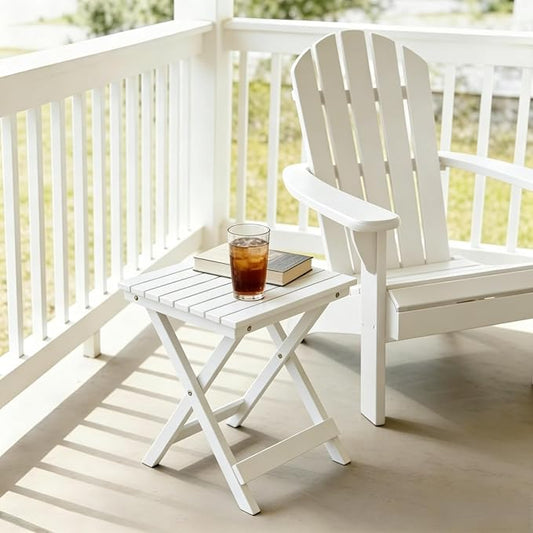 Outdoor Small Table Square Folding Wooden Patio Side Table Set of 2 Furniture Table for Adirondack Chair, Balcony, Porch, No Assembly Required, White