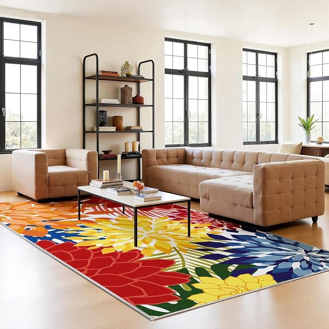 ZonLi Colorful Outdoor Rug 6x9Ft Waterproof Multicolored Indoor Area Rug Washable Outdoor Patio Rugs Tropical Floral Non Slip Outdoor Carpet for Living Room, Pool,Backyard,Deck,Camping