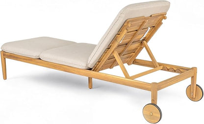 Christopher Knight Home Riviera Acacia Wood Chaise Lounge Chair Outdoor Set of 2, Wooden Patio Outdoor Chaise Lounge with Wheels and Cushions, Adjustable Backrest Single Lounge Sofa, Light Teak+Beige