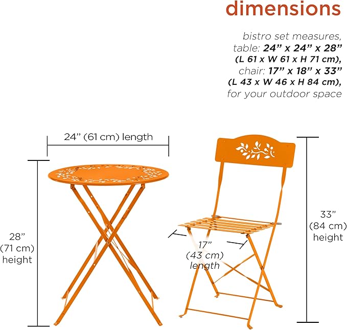 Alpine Corporation Indoor/Outdoor 3-Piece Bistro Set Folding Table and Chairs Patio Seating, Orange