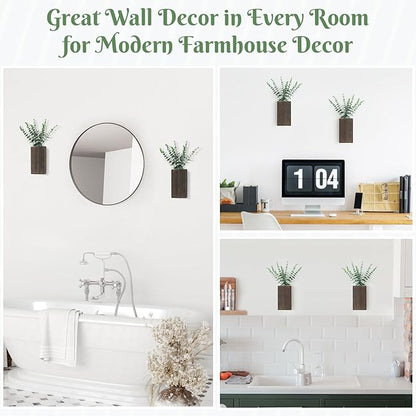 Dahey 2 Pack Wood Wall Planter Vase with Artificial Eucalyptus Farmhouse Wall Hanging Decor Pocket Planter for Indoor Fake Plants Greenery, Living Room Bedroom Kitchen Home Office Decoration