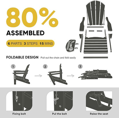 Adirondack Chair, HDPE Folding Adirondack Chair with Multifunctional Cup Holder, Weather Resistant Fire Pit Chair for porches, patios, patios, poolsides, Decks.