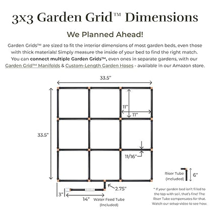 Garden Grid Watering System - 3x3 Standard | Raised Garden Bed Drip Irrigation System – But Better | Pre-Assembled, Waters Every Plant Evenly, 1-Min Setup | Square Foot Gardening | 33.5"x33.5"