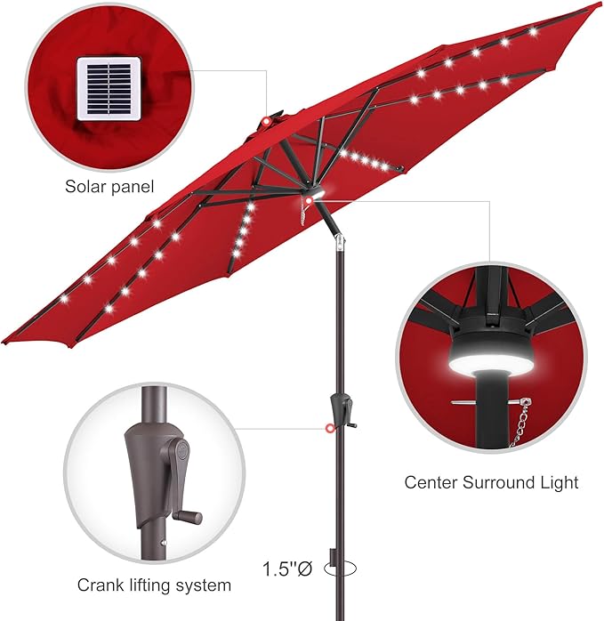10ft Solar Umbrella Outdoor - Lighted Patio Umbrella with 40 LED Lights Waterprool Uv Protection, Table Umbrella with Tilt & Crank for Pool, Porch, Garden, Deck, Backyard(Red)