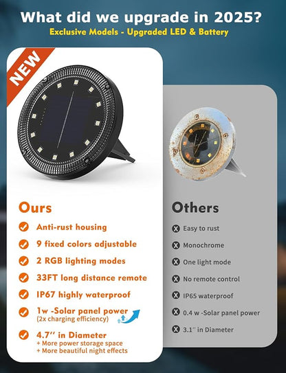 Color Changing Solar Ground Lights with 33ft Long Distance Remote Control - Flat Solar Lights Outdoor Waterproof - Pathway Light Solar Powered for Yard Decorative Outside Lawn Walkway [8 Pack]