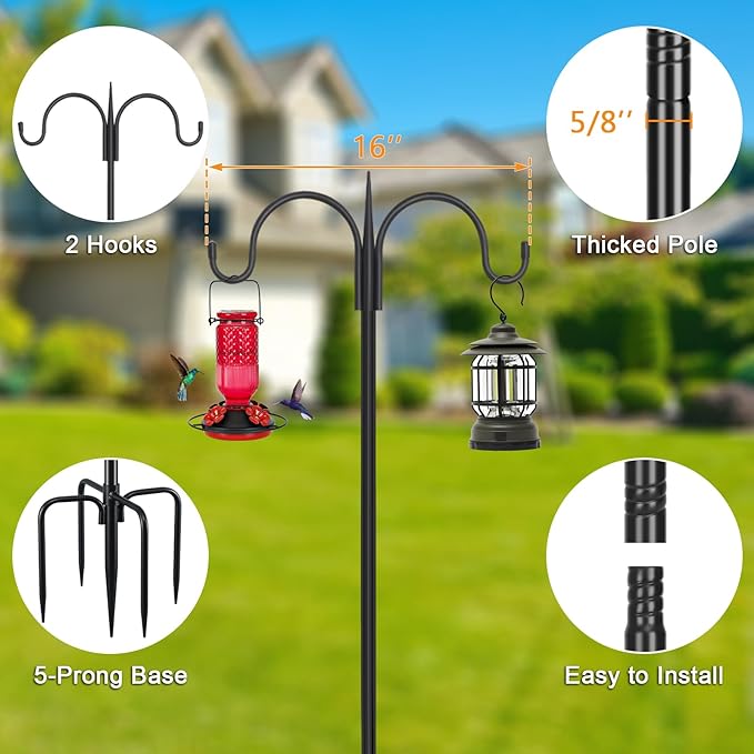FEED GARDEN Heavy Duty Shepherds Hook 76" Double Hooks Adjustable (44/60/76") - Alloy Steel 5-Prong Base, 17lb Capacity - Easy Assembly Bird Feeder Pole for Hanging Planters, Lanterns, Wind Chimes