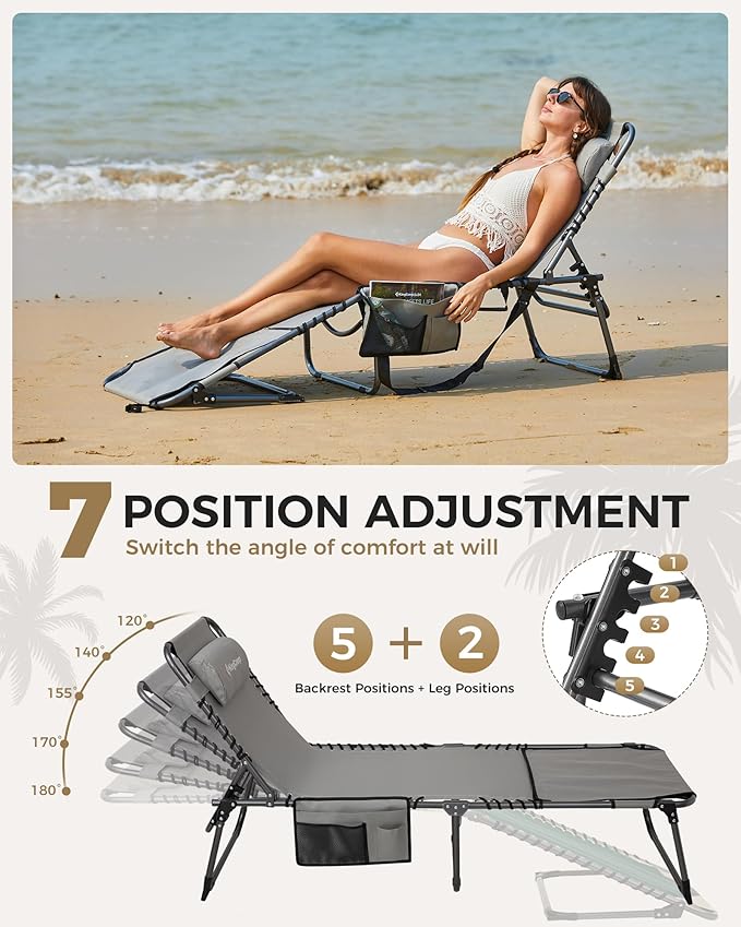 KingCamp Tanning Chair with Face Hole, Lounge Chairs Outdoor Folding Portable Comfy Adjustable 5-Position Lay Flat Foldable Chaise Chaser Lounger for Outside Beach Patio Sun Bathing Pool, Grey