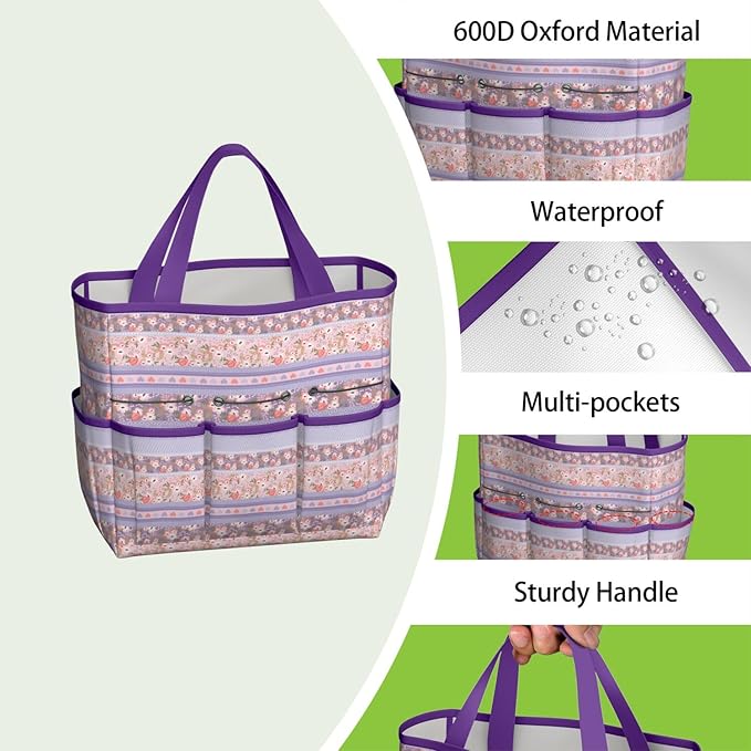 Boho Garden Tool Bag - Waterproof Floral Garden Tote with 8 Pockets, Large Storage Home Organizer Gardening Tool Oxford Bag for Garden Tools Kits Holder, Ideal Outdoor Gardening Gift for Women & Men